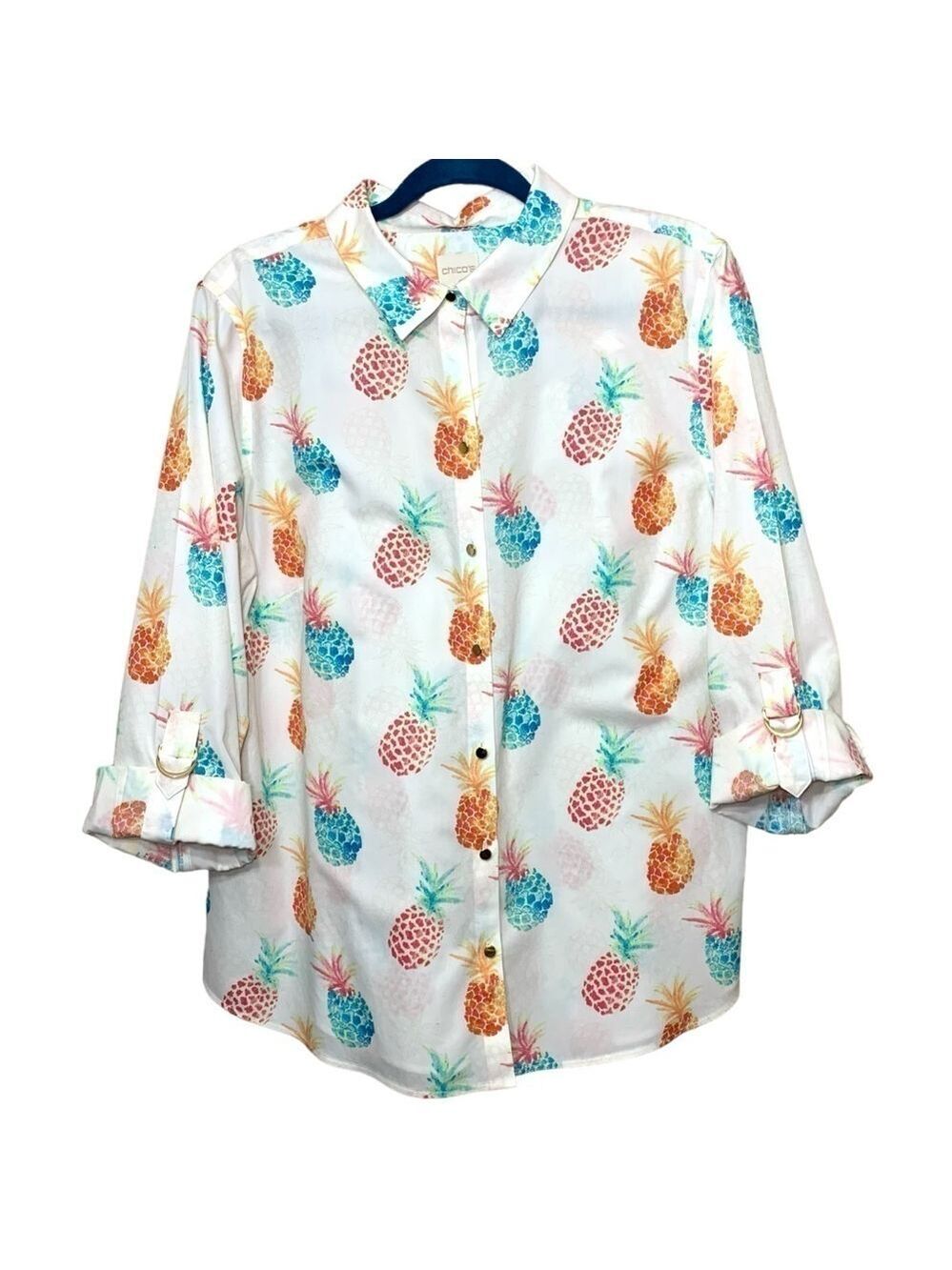 Chico's White Button Up Blouse Sz (3) XL Colorful Pine Apple Print Tab Sleeve